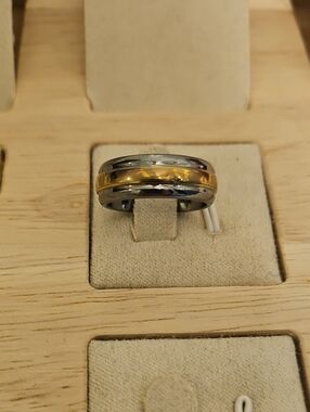 Roman Numeral Ring Two-Tone Metal Dome Band Tungsten Carbide Sz 6